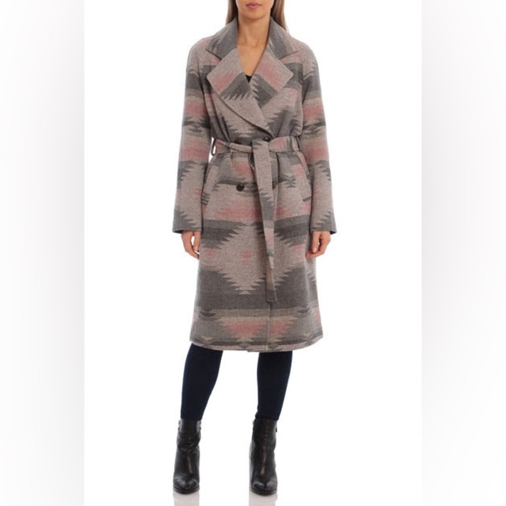 NWT Avec Les Filles printed belted walking coat womens wool blend XS gray